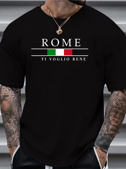 Men's Graphic T-Shirt Rome With Green White Red Stripes And Clean Lettering On Black Shirt