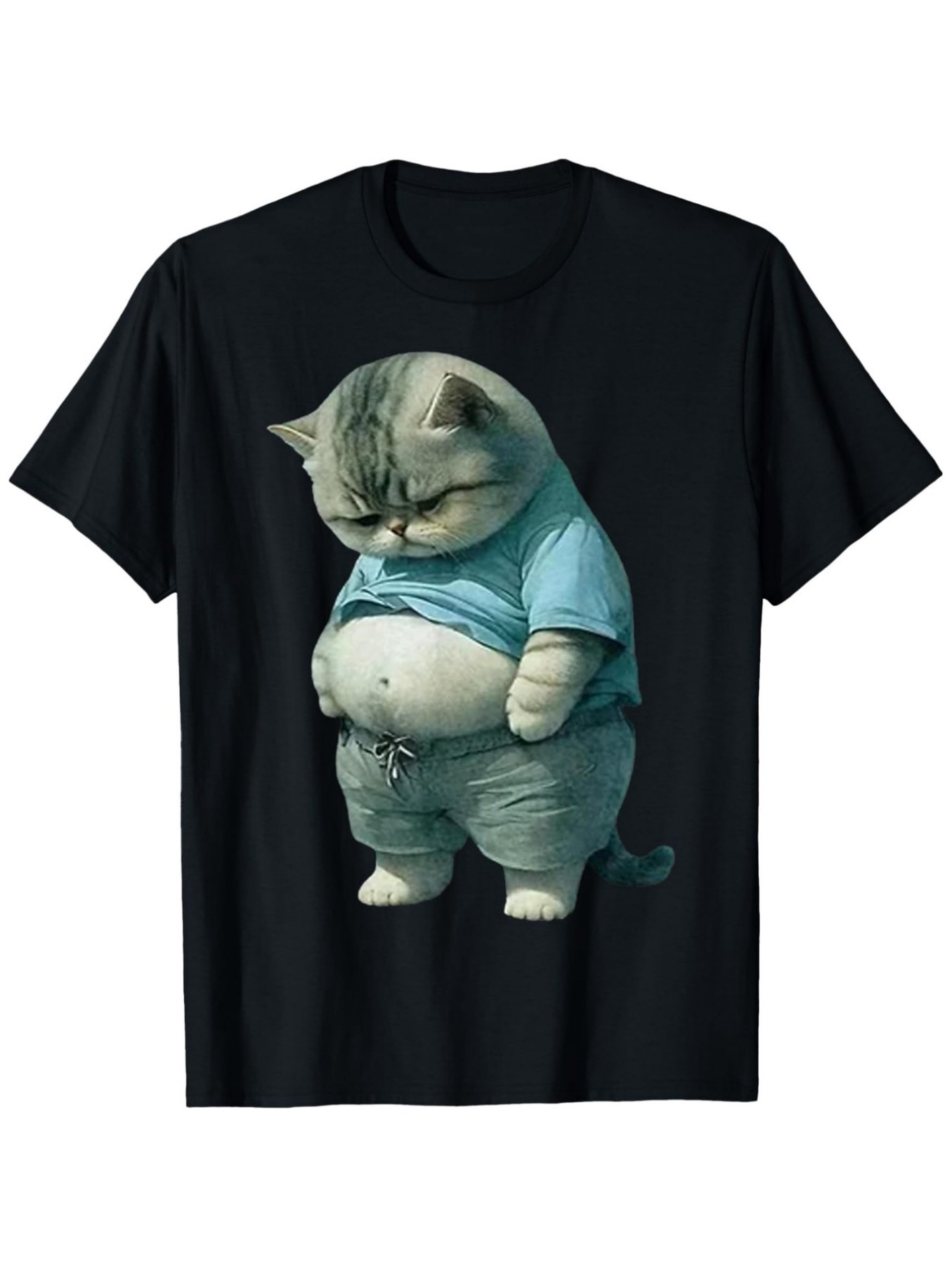 Men's Graphic T-Shirt Chubby Cat Wearing Blue Shirt Looking Down Cartoon Cat
