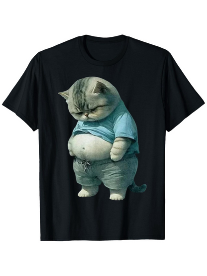 Men's Graphic T-Shirt Chubby Cat Wearing Blue Shirt Looking Down Cartoon Cat
