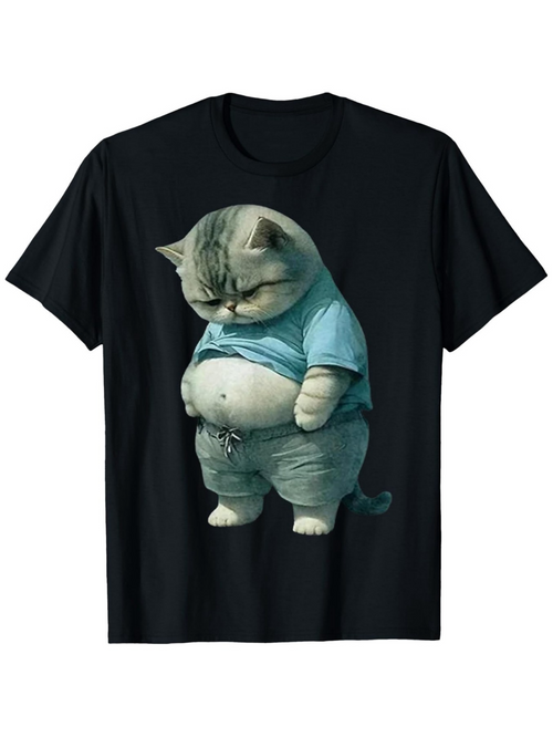 Men's Graphic T-Shirt Chubby Cat Wearing Blue Shirt Looking Down Cartoon Cat