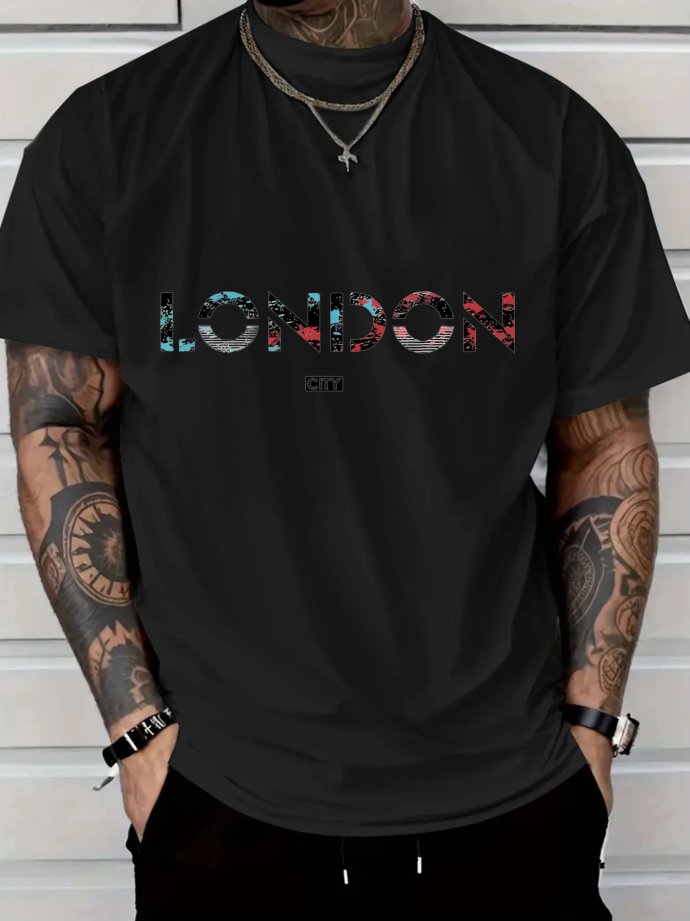 Men's Graphic T-Shirt London Bold Digital Gradient Letters Across The Black Shirt