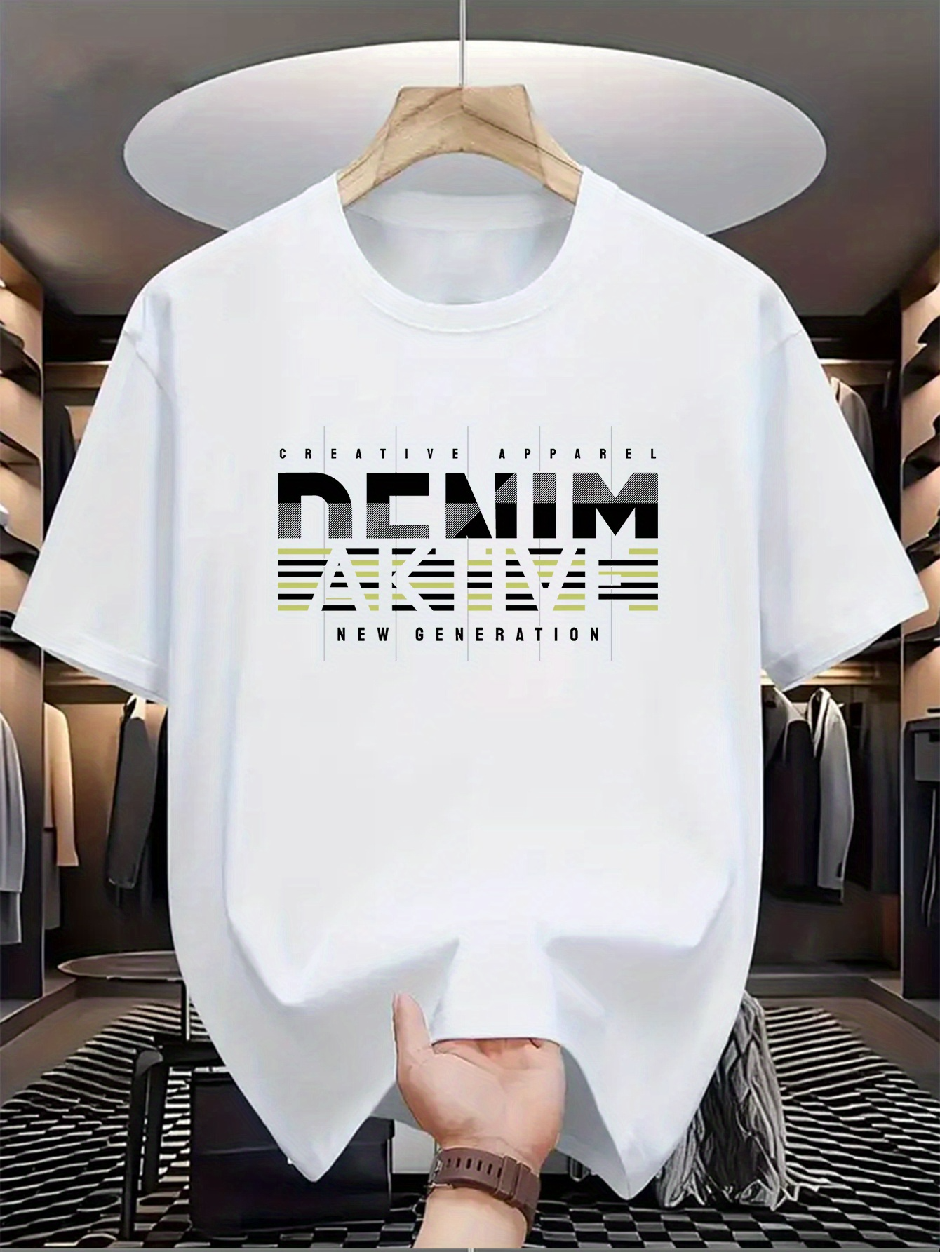 Men's Graphic T-Shirt Creative Apparel Modern Lettering With Striped Abstract Bold Denim Text