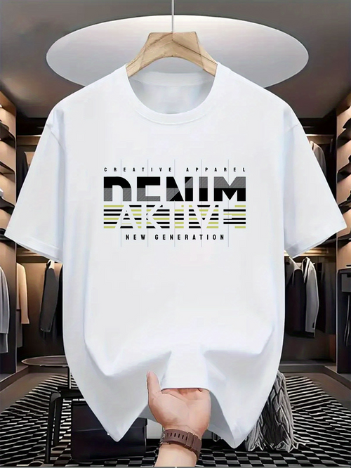 Men's Graphic T-Shirt Creative Apparel Modern Lettering With Striped Abstract Bold Denim Text