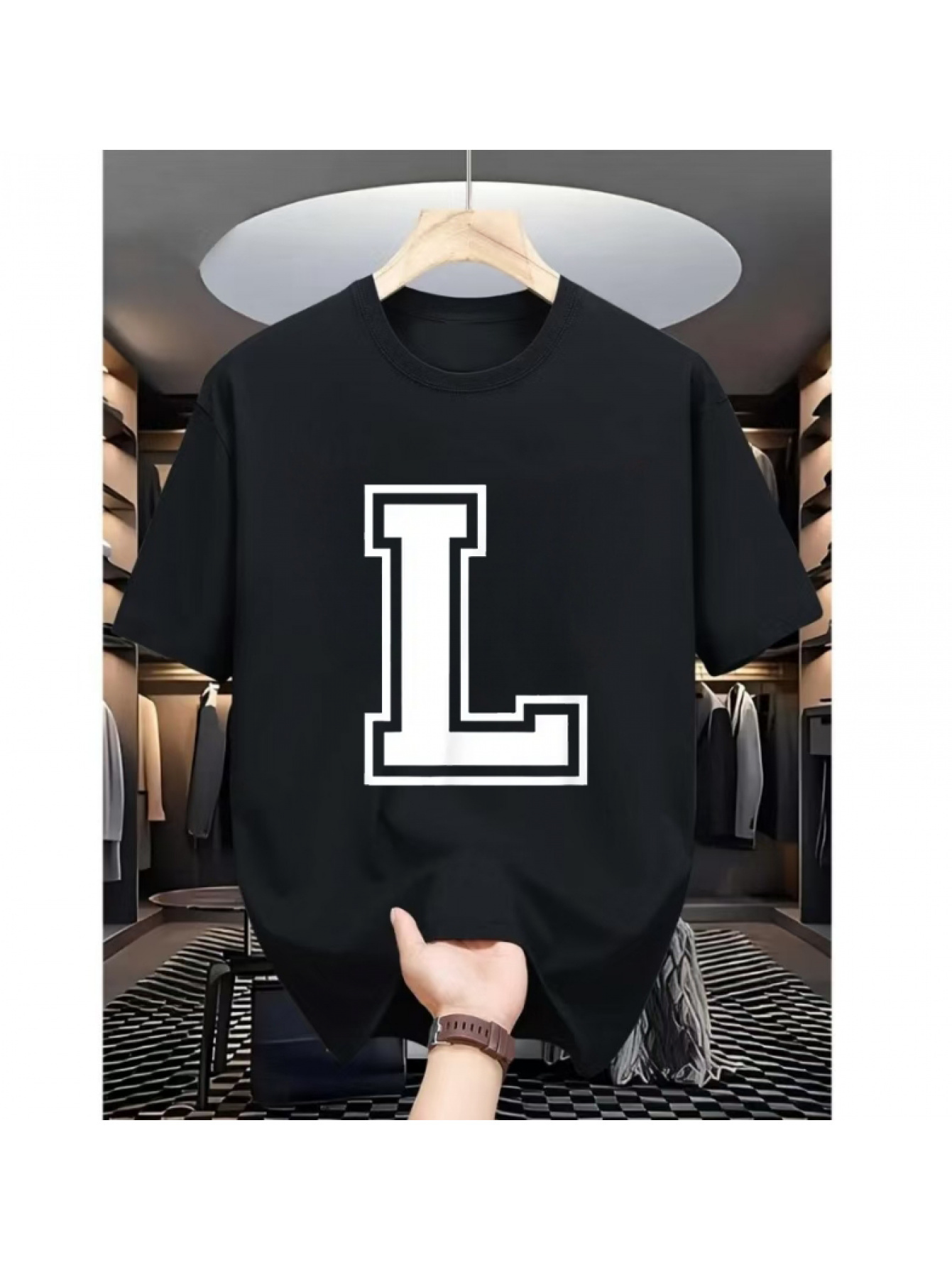 Men's Graphic T-Shirt Bold White Letter L On Minimalist Black Cotton T Shirt