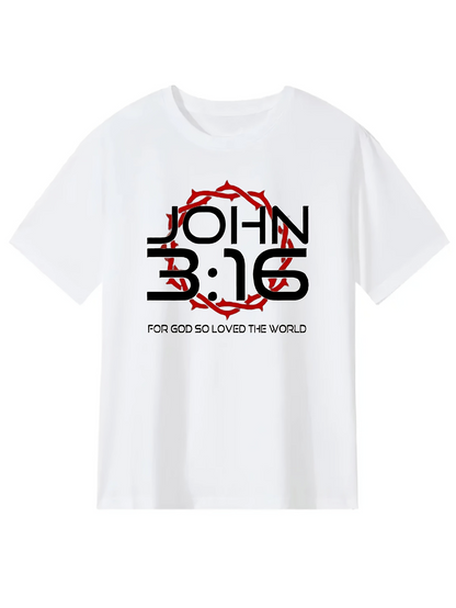 Men's Graphic T-Shirt John 316 With Red Crown Of Thorns Centered Over White Shirt
