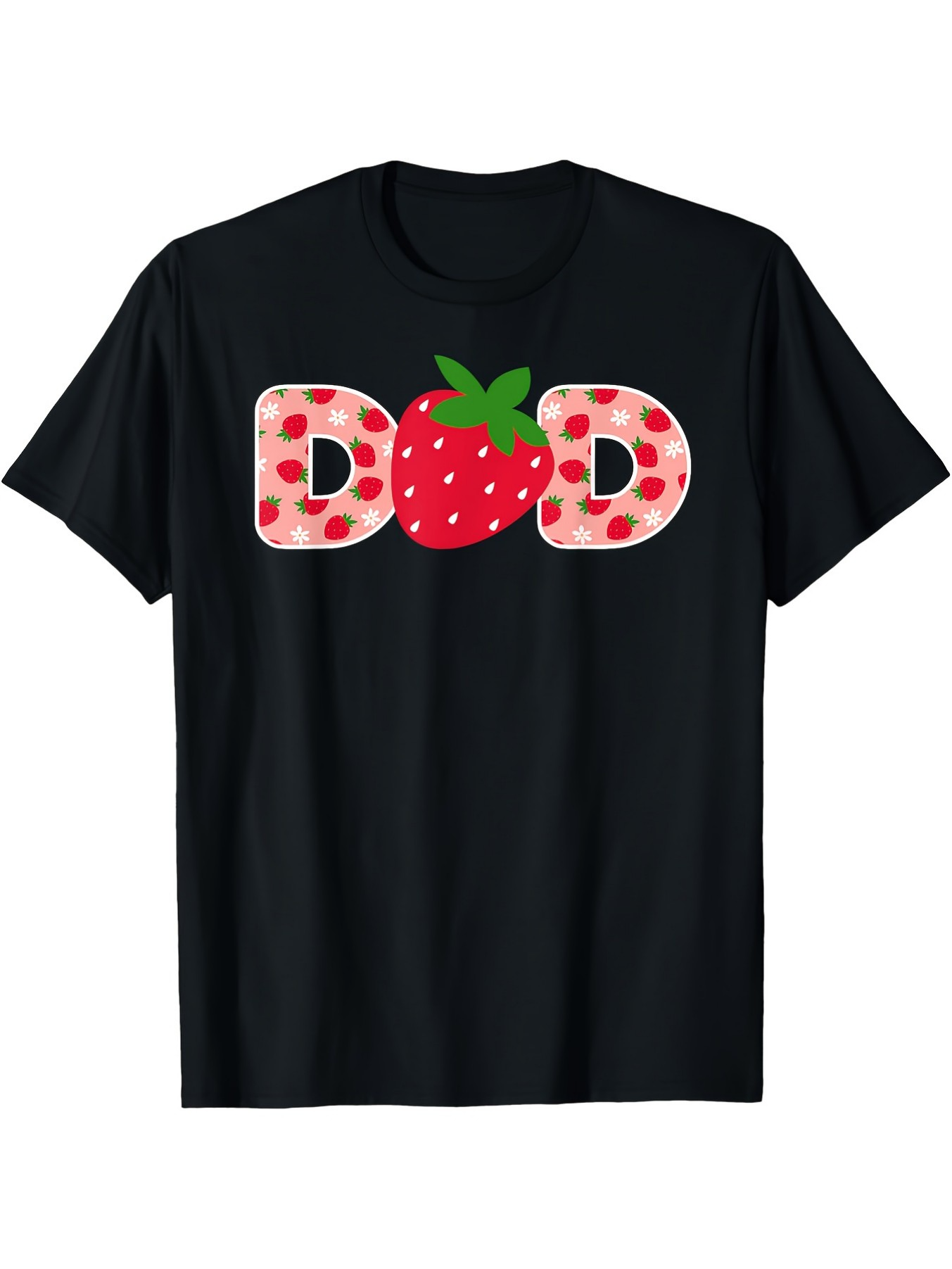 Men's Graphic T-Shirt Playful Strawberry With Polka Dots On Black Cotton Dad