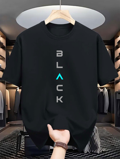 Men's Graphic T-Shirt Minimalist Stylish Lettering Vertical Typography With Modern Neon Accents Black