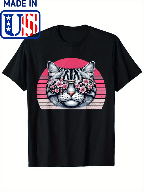 Men's Graphic T-Shirt Retro Gradient Sunset With Flowers Reflected In Sunglasses Cat