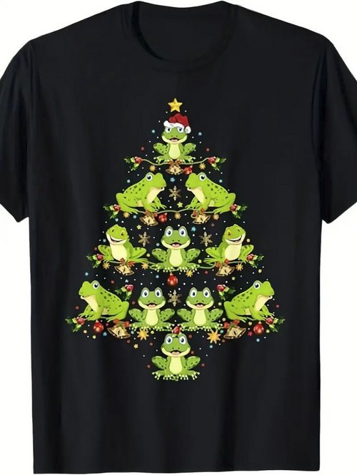Men's Graphic T-Shirt Playful Green Frogs Arranged In Festive Holiday Christmas Tree Formation