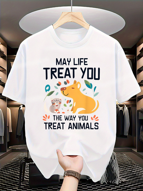 Men's Graphic T-Shirt May Life Treat You With Kindness Surrounded By Smiling Cat And Dog