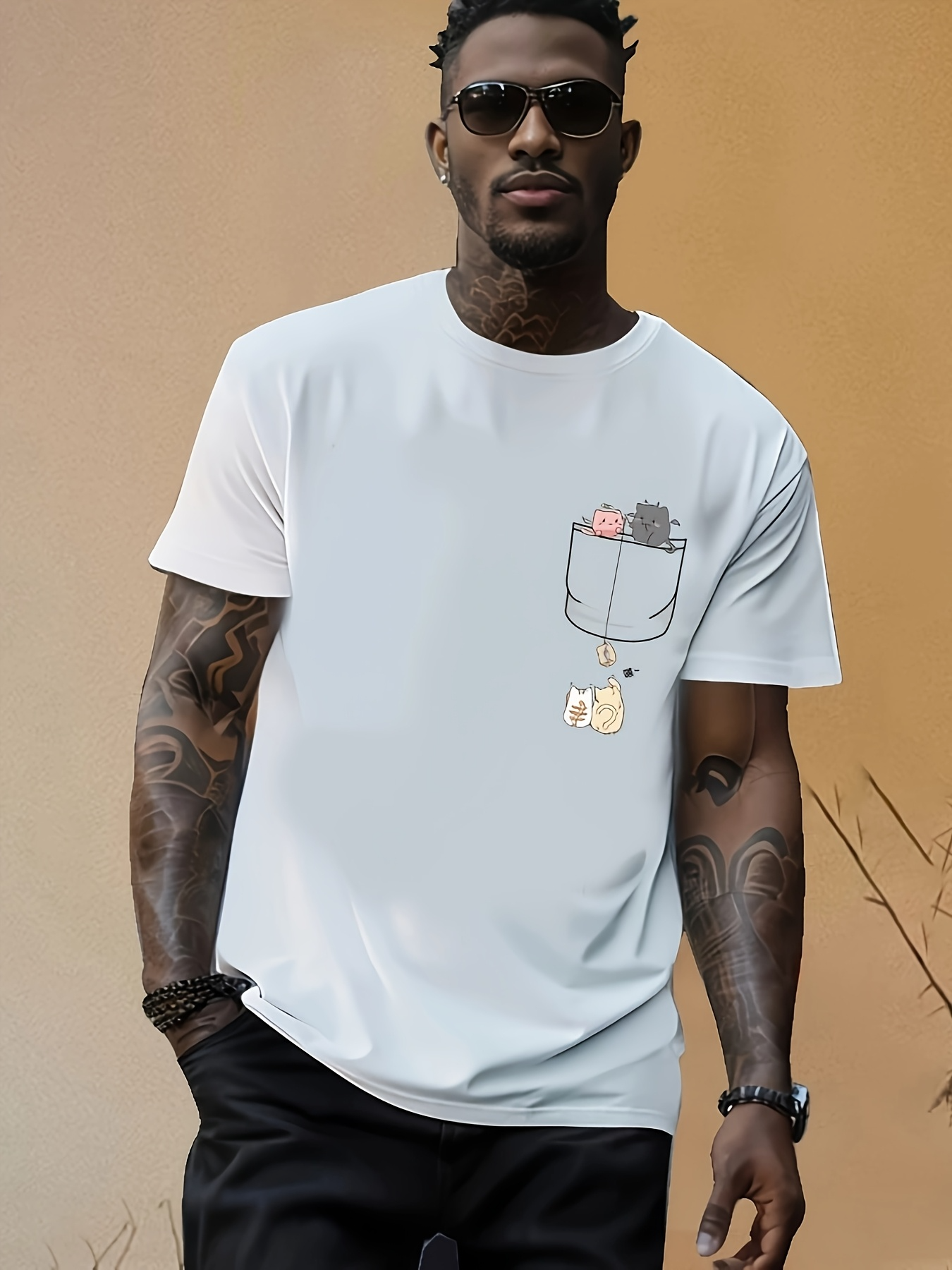 Men's Graphic T-Shirt Playful Cartoon Cat Peeking Out From Small Pocket Among Soft Shadows T Shirt