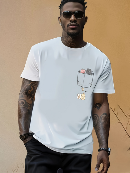 Men's Graphic T-Shirt Playful Cartoon Cat Peeking Out From Small Pocket Among Soft Shadows T Shirt