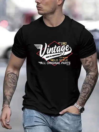 Men's Graphic T-Shirt Vintage Bold Style With Dynamic Outline Letters On Classic Black T Shirt