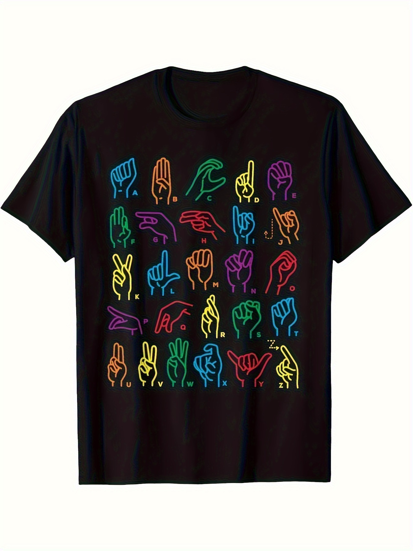 Men's Graphic T-Shirt Colorful Hands Arranged In Rows On Black Short Sleeve T Shirt