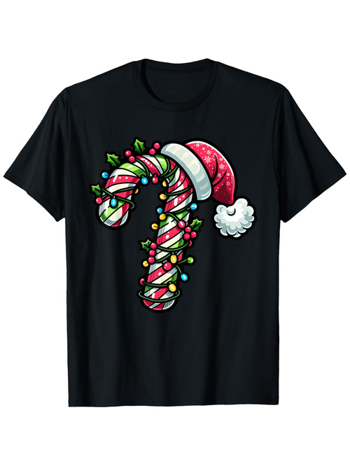 Men's Graphic T-Shirt Festive Candy Cane With Christmas Lights And Santa Hat Design Candy Cane