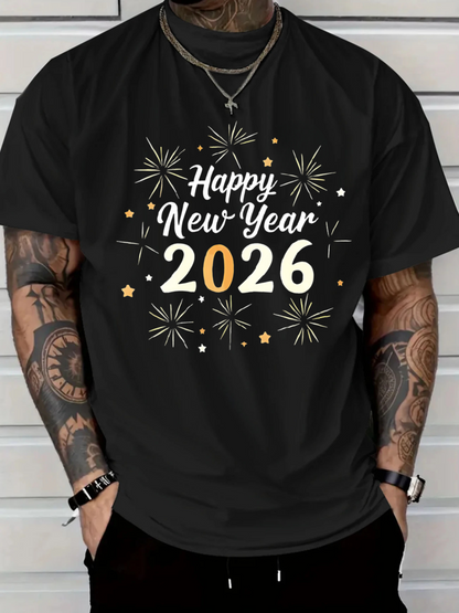 Men's Graphic T-Shirt Happy New Year Festive Fireworks With Stars Shining Around Celebration 2026