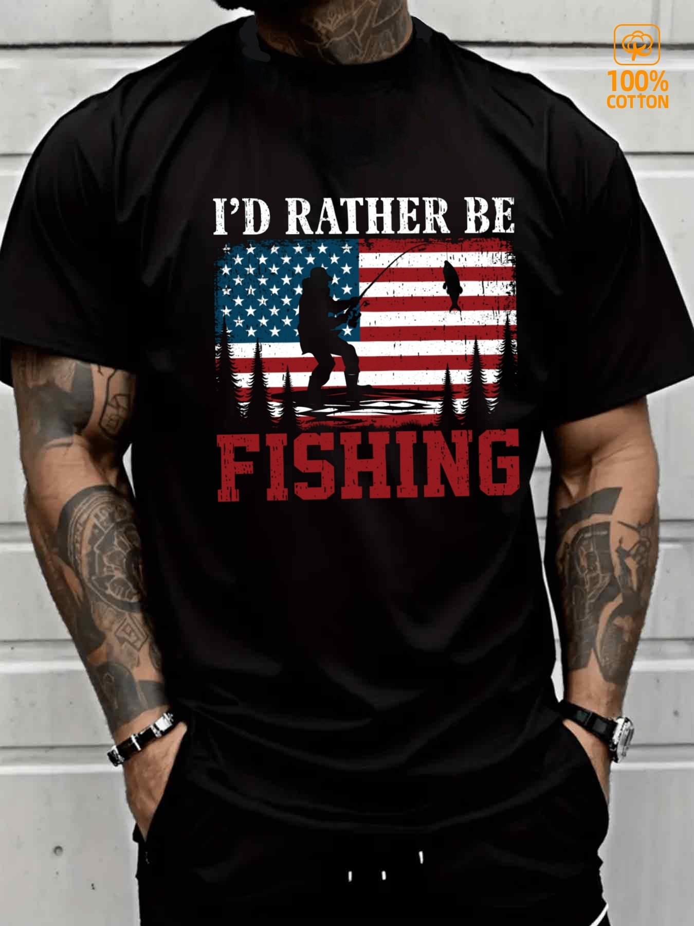 Men's Graphic T-Shirt Id Rather Be Fishing With American Flag Silhouette And Forest Lake Scene Fishing
