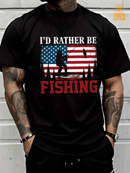 Men's Graphic T-Shirt Id Rather Be Fishing With American Flag Silhouette And Forest Lake Scene Fishing
