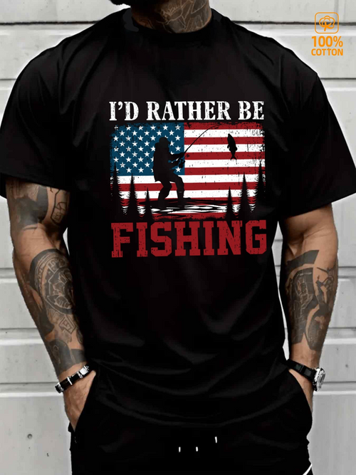 Men's Graphic T-Shirt Id Rather Be Fishing With American Flag Silhouette And Forest Lake Scene Fishing