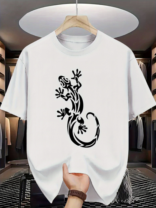 Men's Graphic T-Shirt Intricate Tribal Patterns Flowing Over Lively Energetic Gecko Lizard