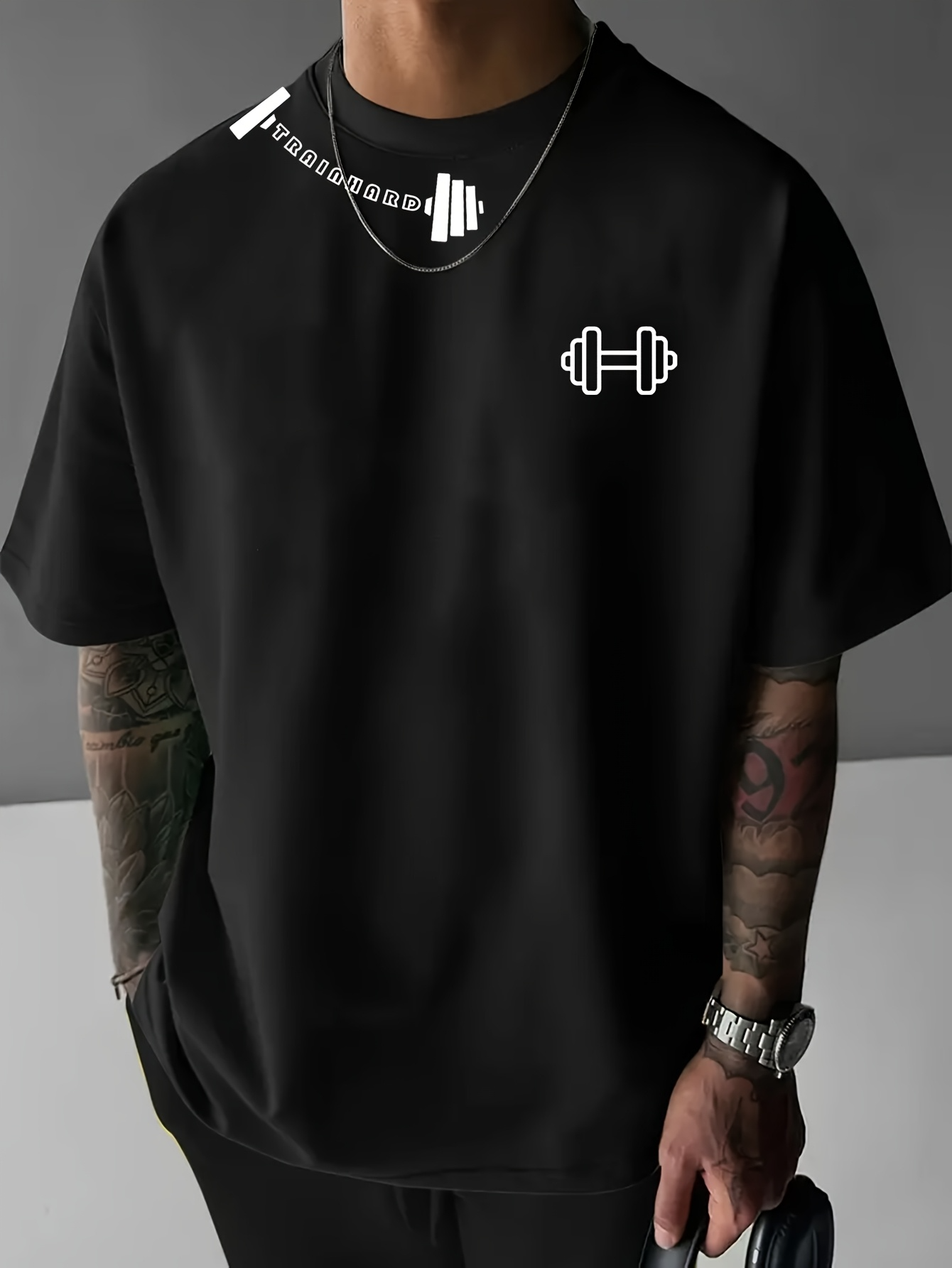 Men's Graphic T-Shirt Minimalist Monochrome Lines With White Barbell Icon