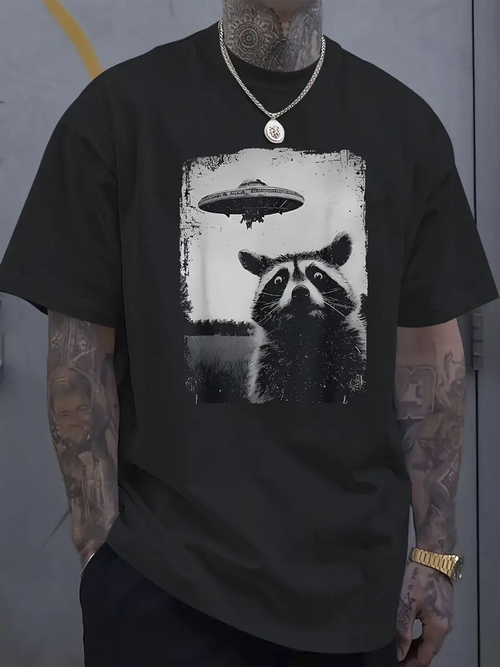 Men's Graphic T-Shirt Mysterious Forest Encounter With A UFO Hovering Above Curious Raccoon