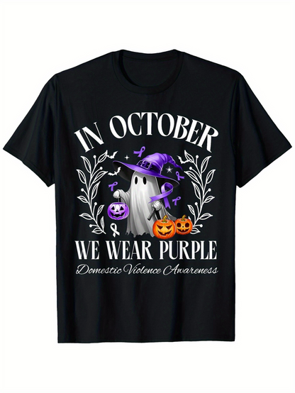 Men's Graphic T-Shirt In October We Wear Purple With Whimsical Pumpkins And Floating Ghost Surrounded By Leaves