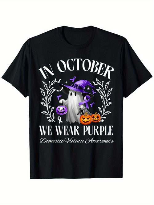 Men's Graphic T-Shirt In October We Wear Purple With Whimsical Pumpkins And Floating Ghost Surrounded By Leaves