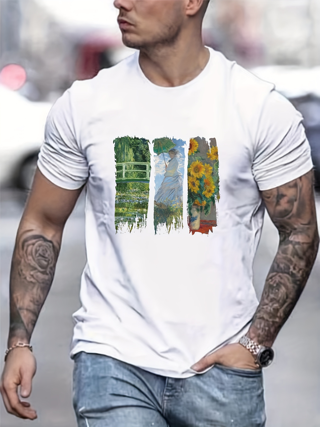 Men's Graphic T-Shirt Vivid Nature Brushstrokes With Sunflowers And Flowing Green Landscape