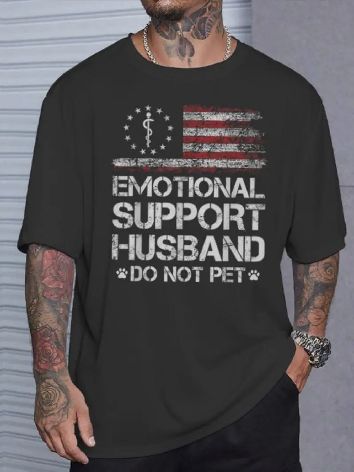 Men's Graphic T-Shirt Emotional Support Husband American Flag Distressed Graphic With Warning Text Husband