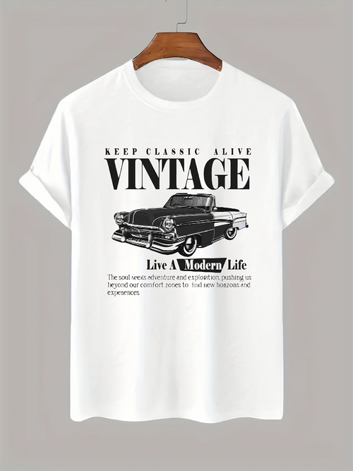 Men's Graphic T-Shirt Keep Classic Alive Vintage Text With Retro Car Drawing Featuring Oldtimers