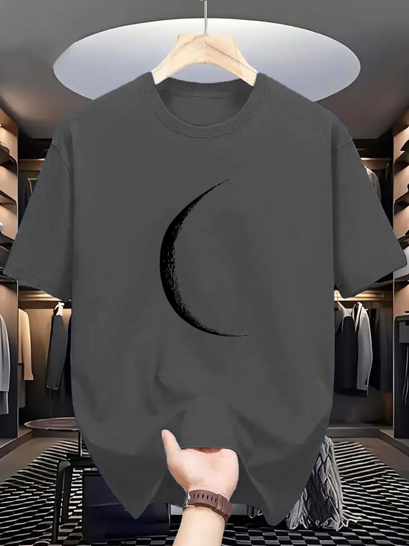 Men's Graphic T-Shirt Sleek Minimalist Design With Shadowed Crescent Under Soft Lighting Moon