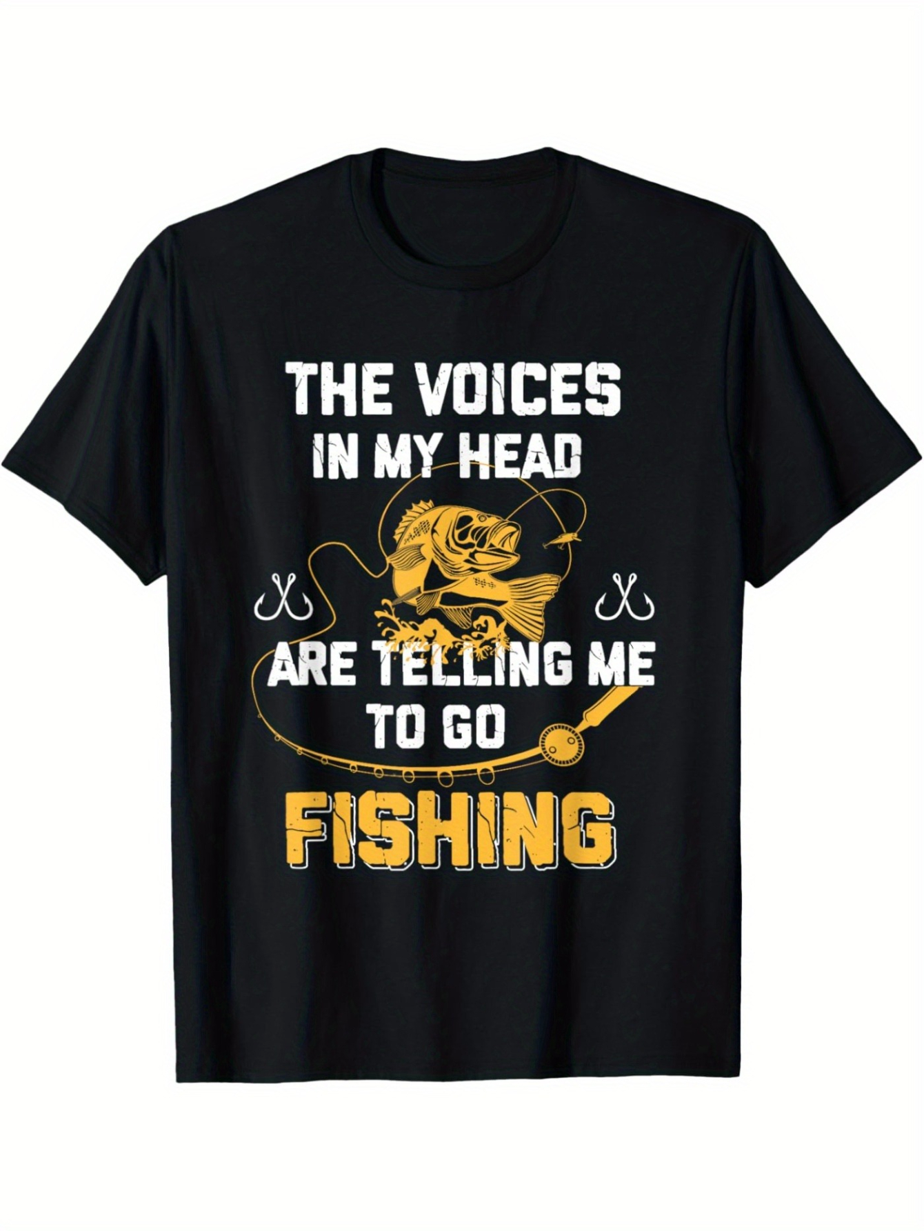 Men's Graphic T-Shirt The Voices In My Head Asking Me To Go Fishing Featuring A Golden Fishing Rod And Fish