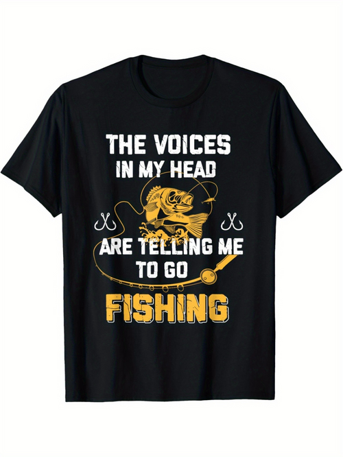 Men's Graphic T-Shirt The Voices In My Head Asking Me To Go Fishing Featuring A Golden Fishing Rod And Fish
