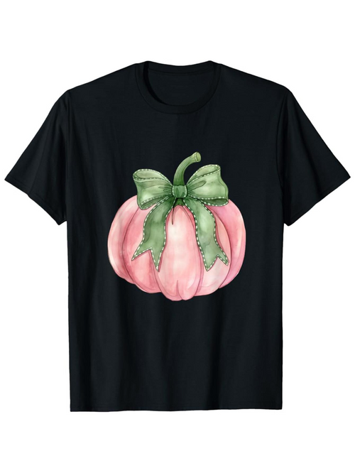 Men's Graphic T-Shirt Hand Painted Pink Pumpkin With Large Green Bow Pumpkin
