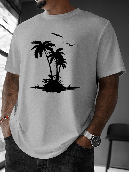 Men's Graphic T-Shirt Calm Tropical Island With Palm Trees And Flying Seabirds Sunset Beach