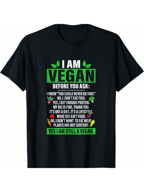 Men's Graphic T-Shirt I Am Vegan Colorful Lettering With Leaf Icons Black T Shirt