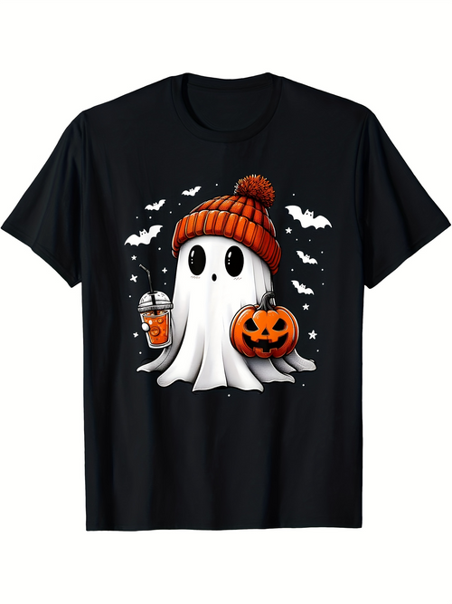 Men's Graphic T-Shirt Playful Ghost With Halloween Pumpkin Surrounded By Flying Bats Nighttime