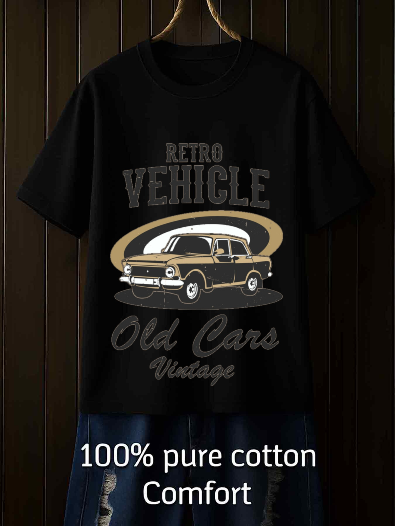 Men's Graphic T-Shirt Retro Vehicle With Gold Accents Framing Classic Old Cars
