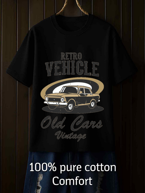 Men's Graphic T-Shirt Retro Vehicle With Gold Accents Framing Classic Old Cars