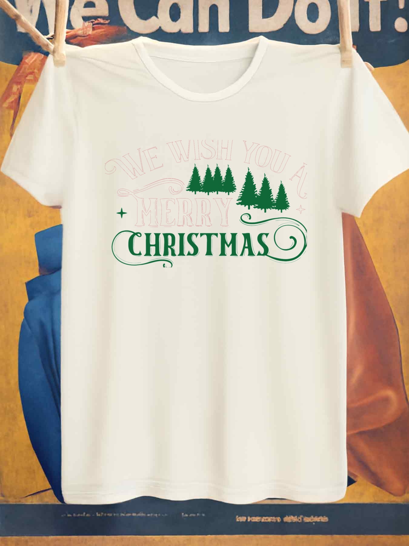 Men's Graphic T-Shirt Pine Trees In Winter Snow With Green Lettering Christmas