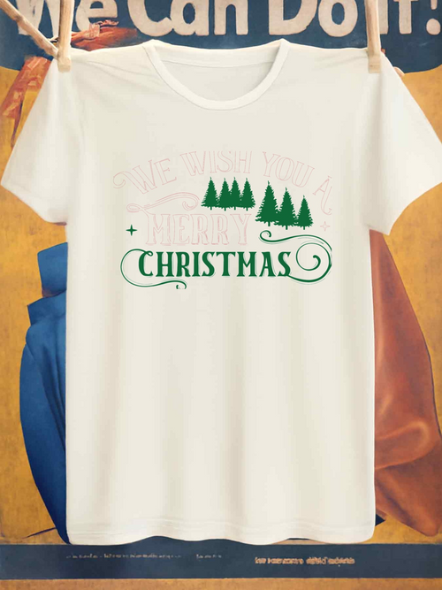 Men's Graphic T-Shirt Pine Trees In Winter Snow With Green Lettering Christmas