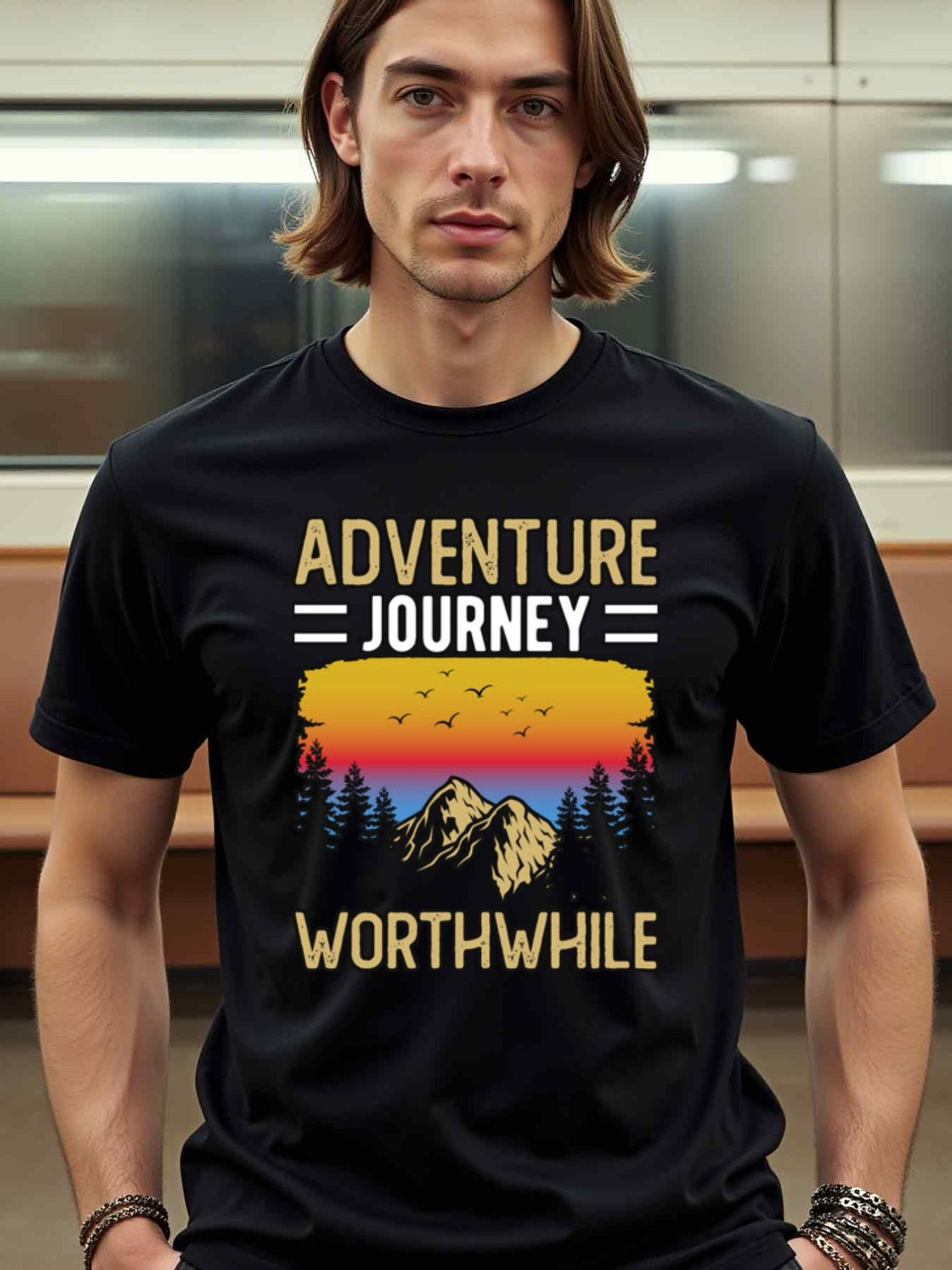Men's Graphic T-Shirt Adventure Journey Worthwhile Vibrant Sunset With Pine Trees And Majestic Mountain