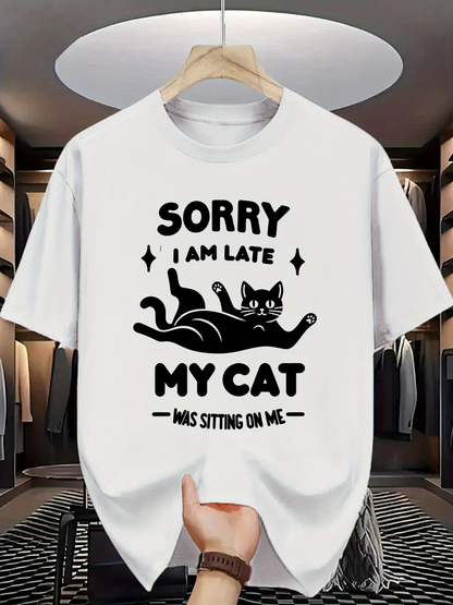 Men's Graphic T-Shirt Sorry I Am Late My Cat Was Sitting On Me Lying Cat
