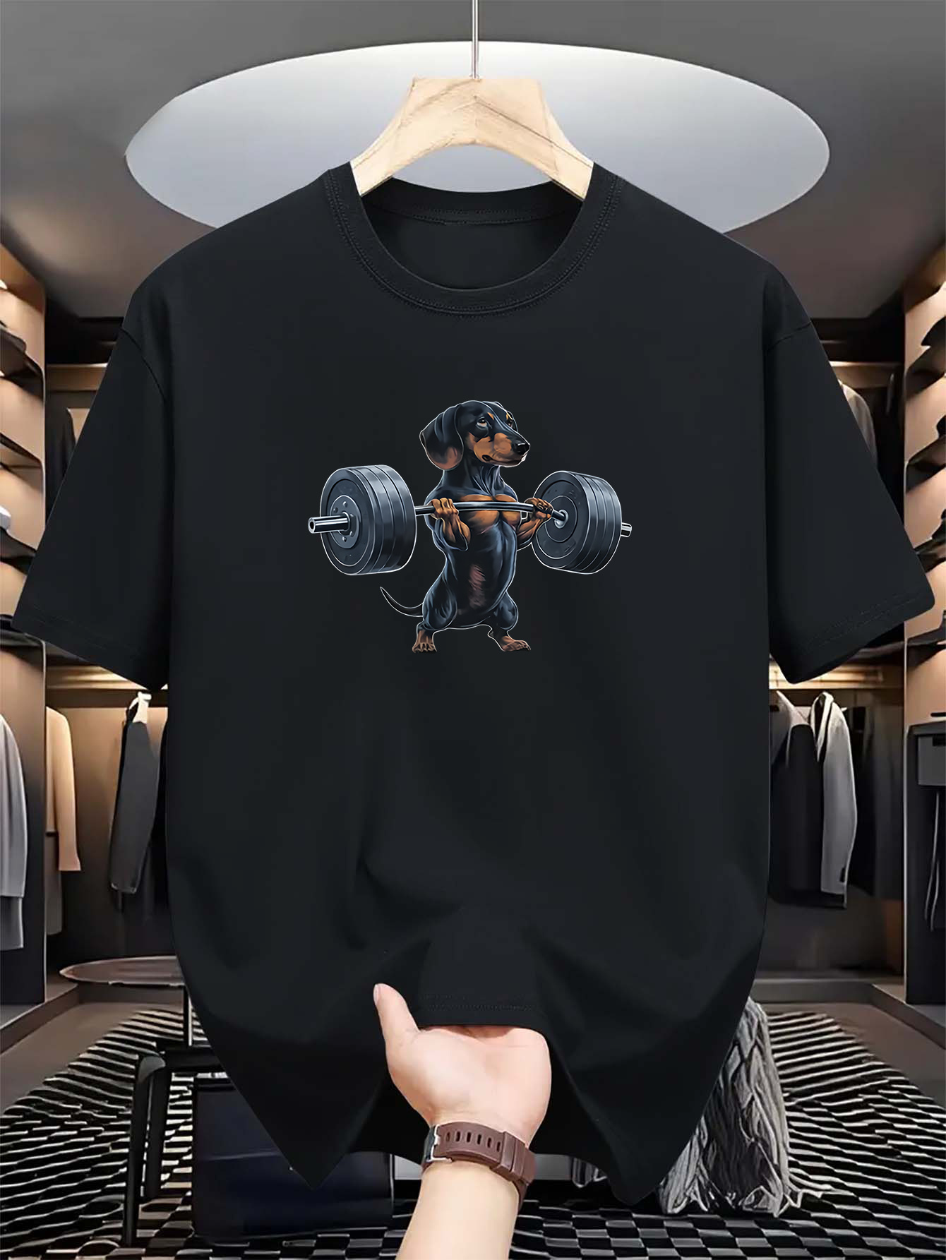 Men's Graphic T-Shirt Strong Powerlifting Rottweiler With Athletic Muscles Holding Heavy Weights Dog