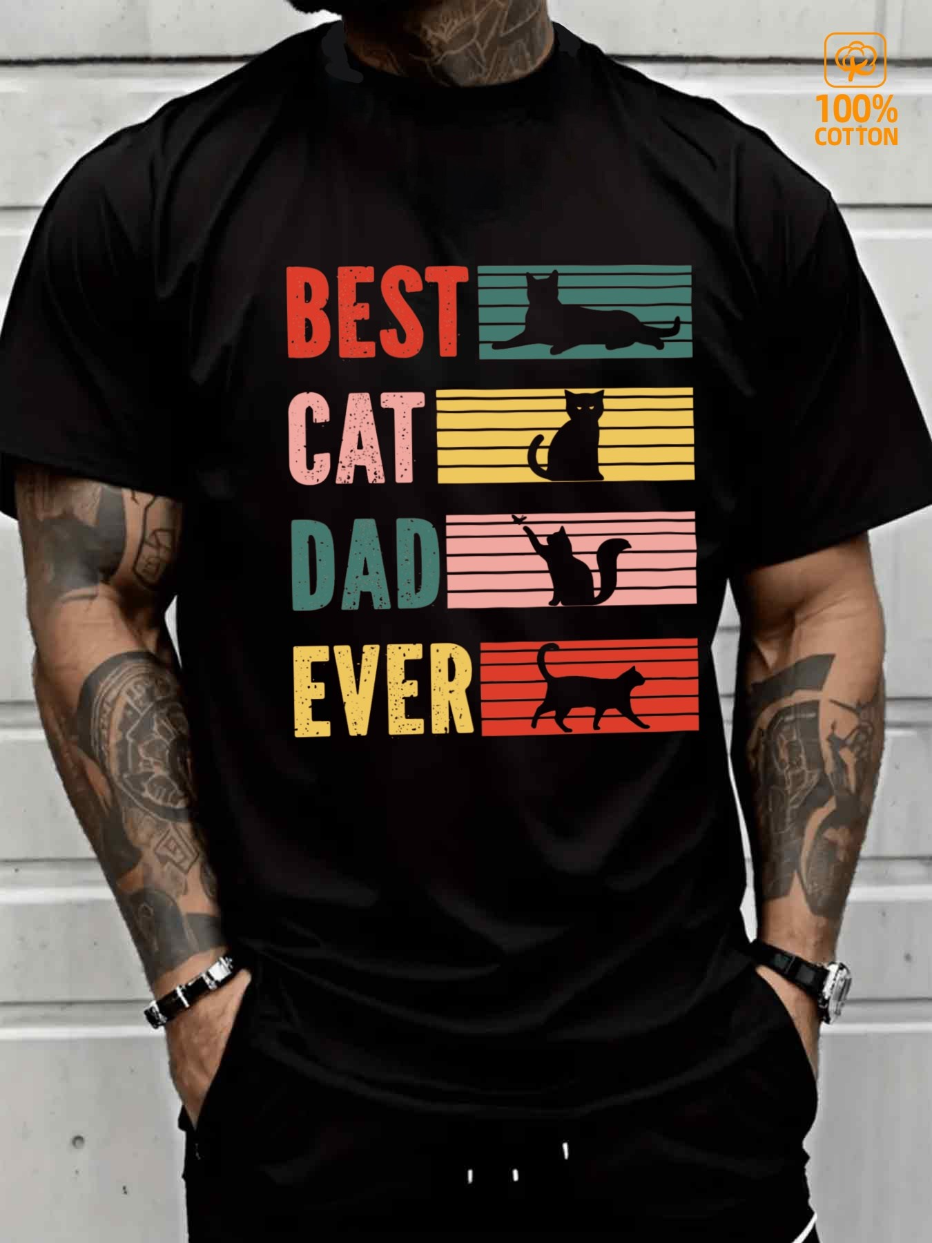 Men's Graphic T-Shirt Best Cat Dad Ever Vintage Striped Blocks With Playful Leaping And Sitting Cat