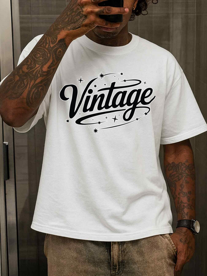 Men's Graphic T-Shirt Retro Style Swirling Script Typography Over Crisp Clean Shirt Vintage