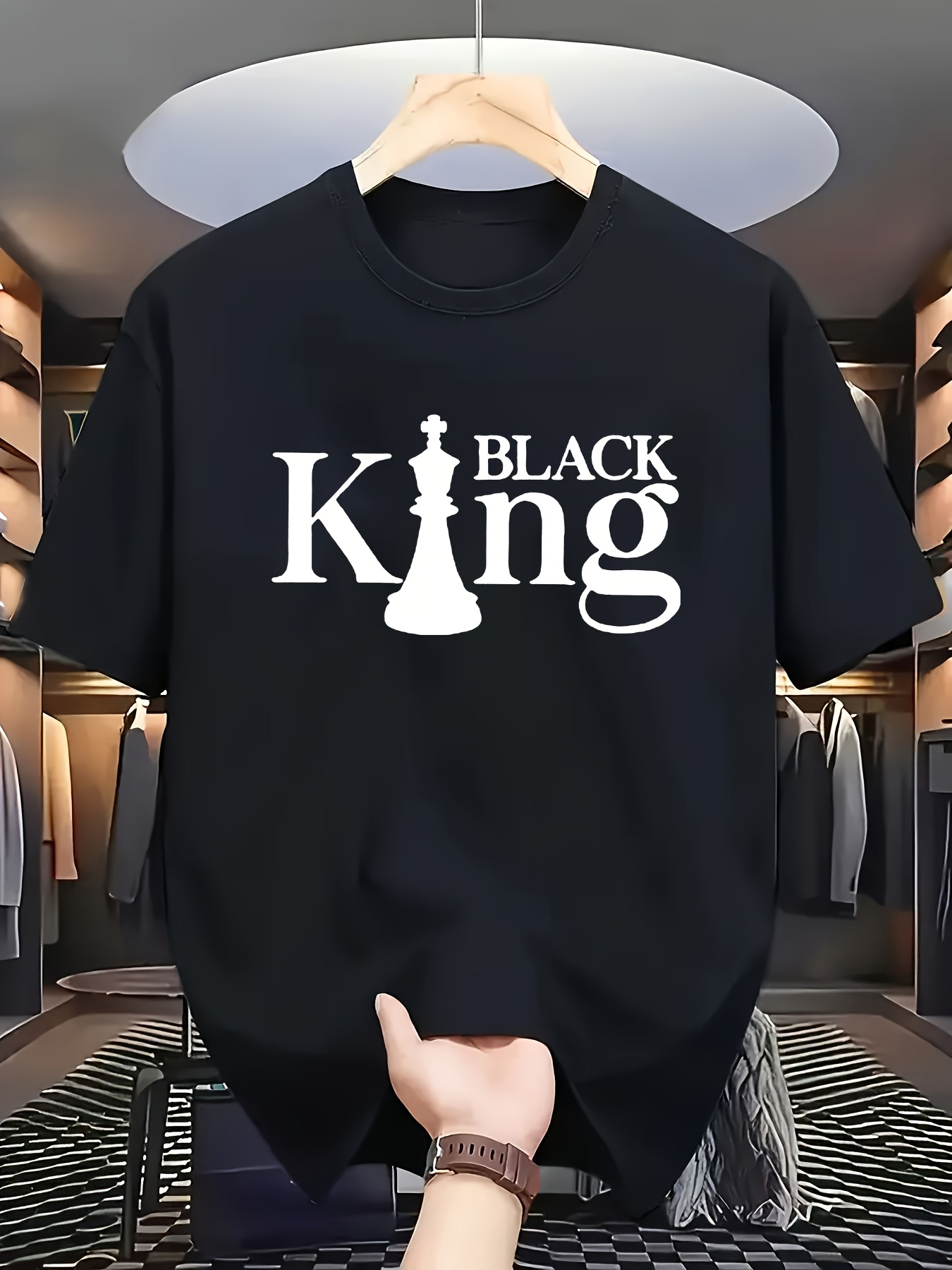 Men's Graphic T-Shirt Black King Chess Piece With Elegant Contrasting Lettering Centered