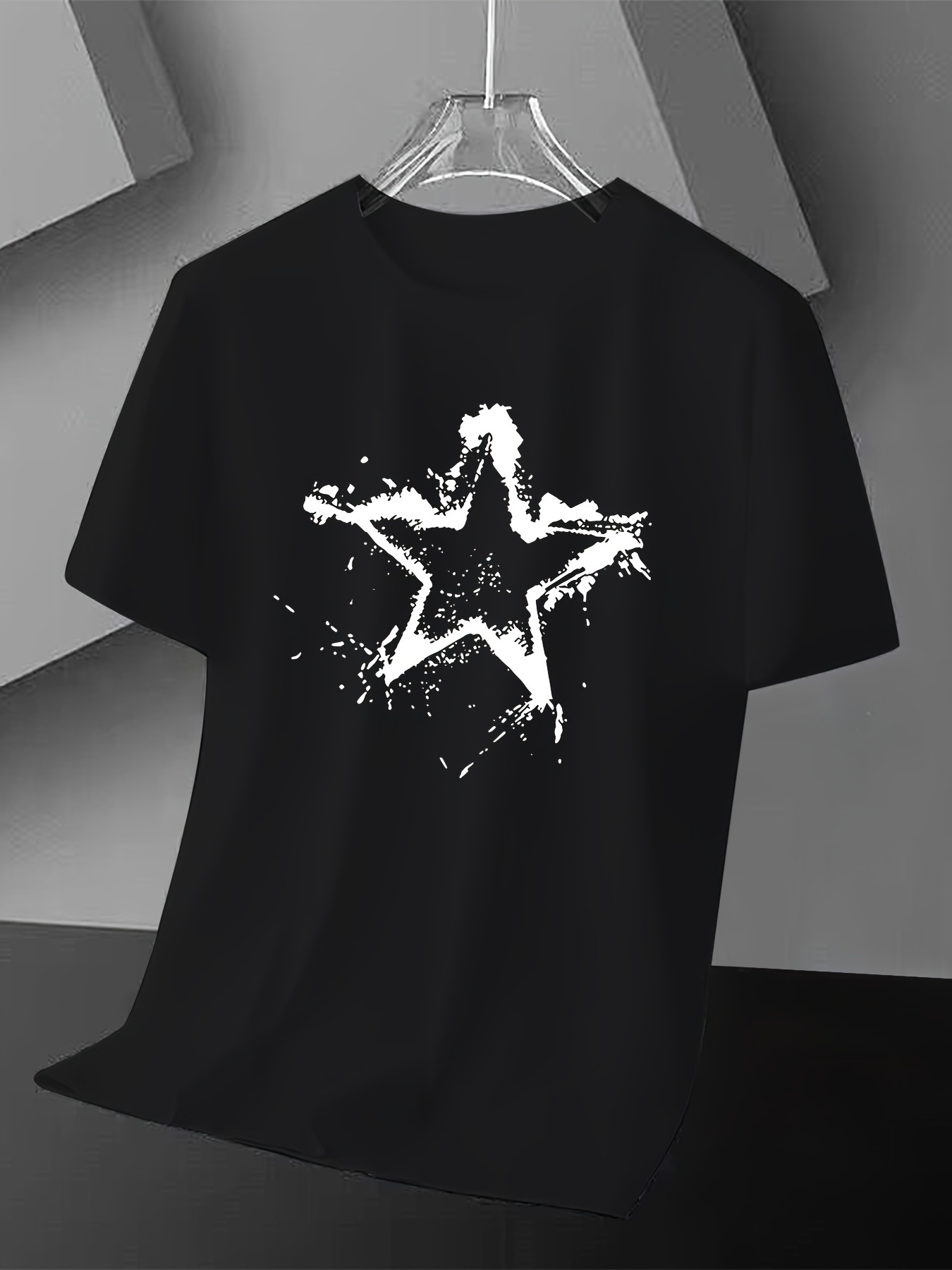Men's Graphic T-Shirt Splatter Painted White Abstract Star With Black Inked Edge Star