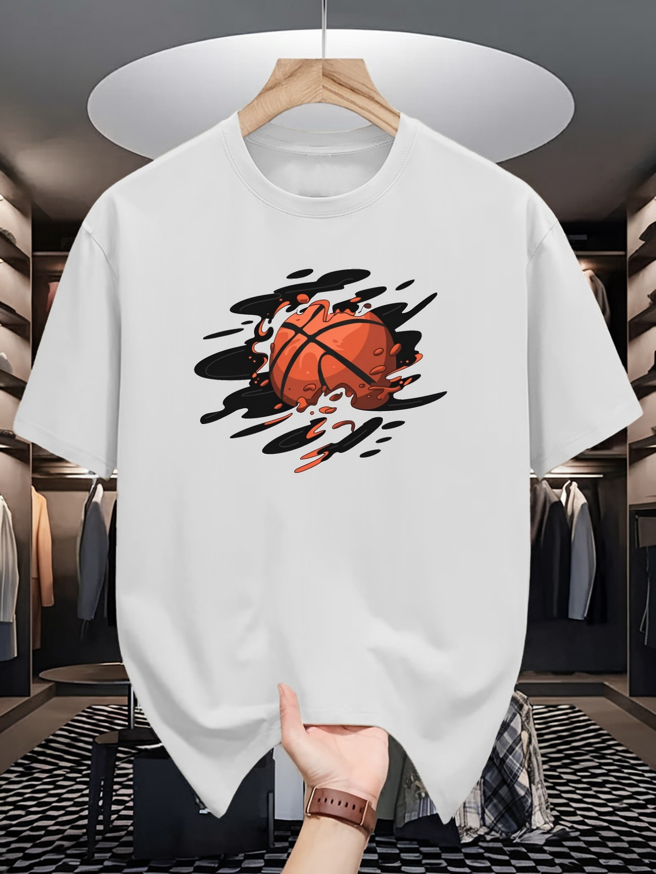 Men's Graphic T-Shirt Dynamic Ink Brush Strokes With Orange Motion Lines Basketball